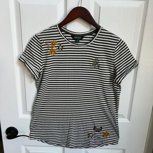 LAUREN Ralph Lauren Rolled Sleeve Striped Tee with embroidered patches Sz S